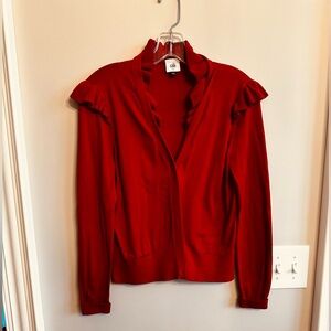 CAbi Vibrant Red Ruffle-Shoulder Cardigan